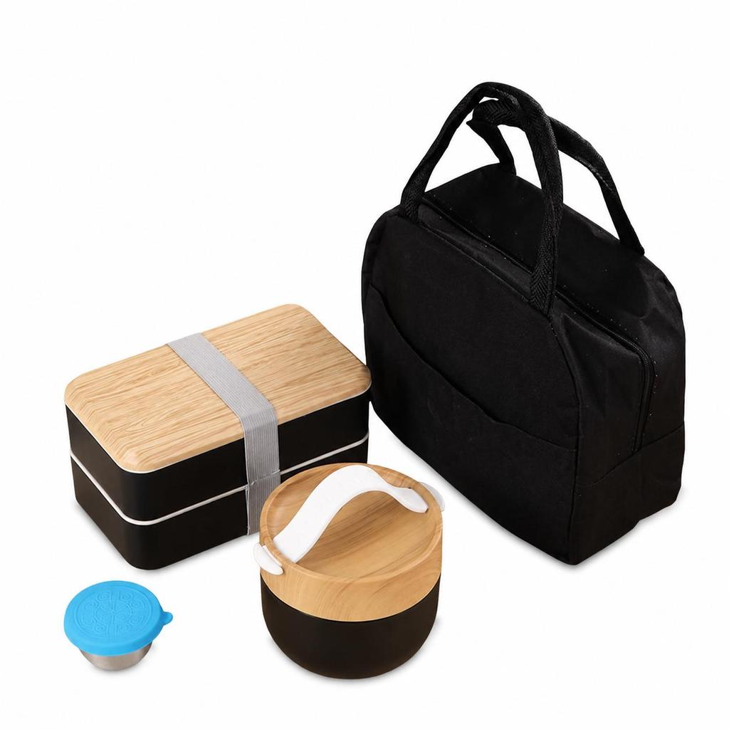 Black Double Layer Wood Grain Bento Box with Soup Cup Thermal Bag and Dipping Dish for Work School Lunch