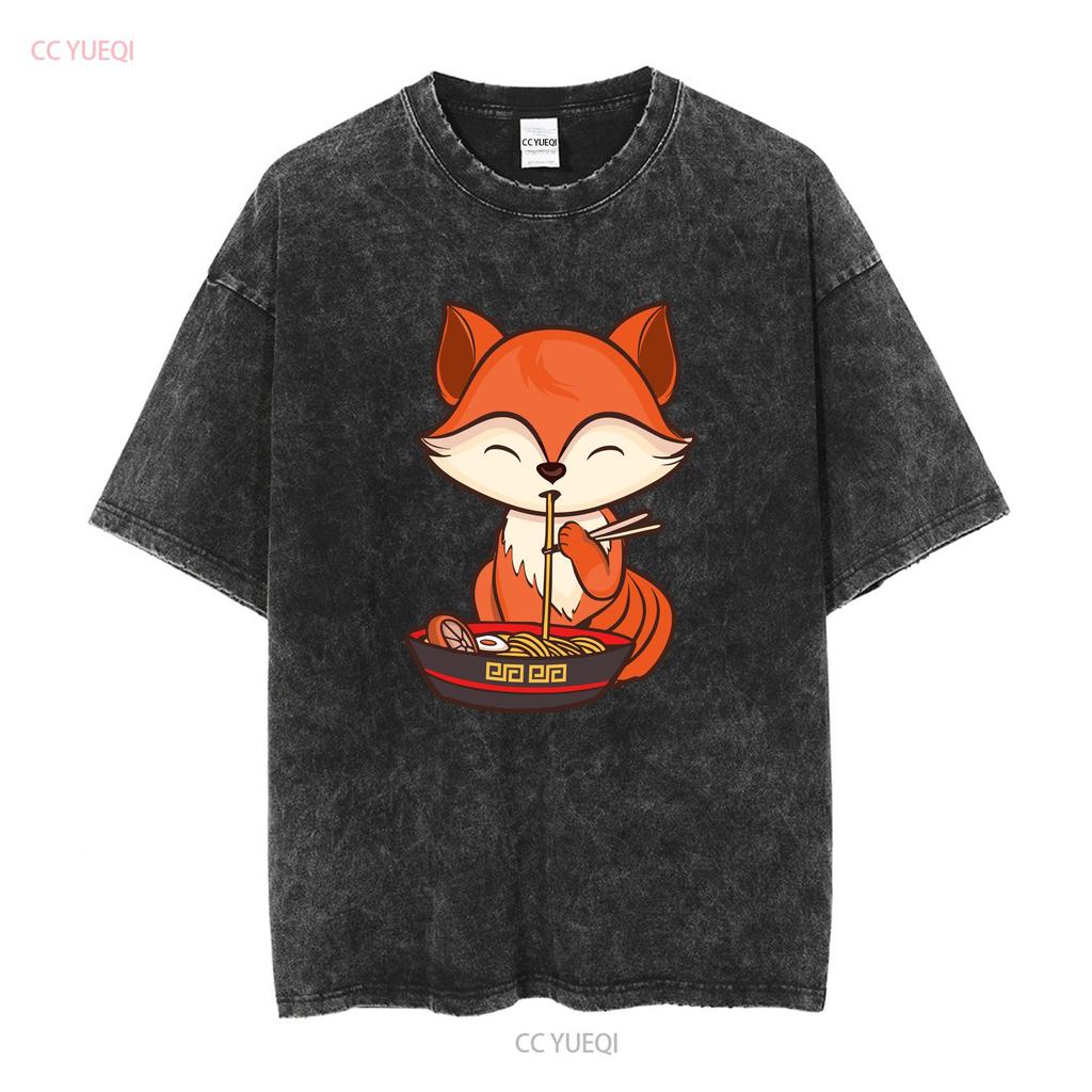 Fox Eating Ramen Kawaii T Shirt Japanese Cute Lovely Long or Short Sleeves Vintage Washed Unisex Casual Slightly Versatile