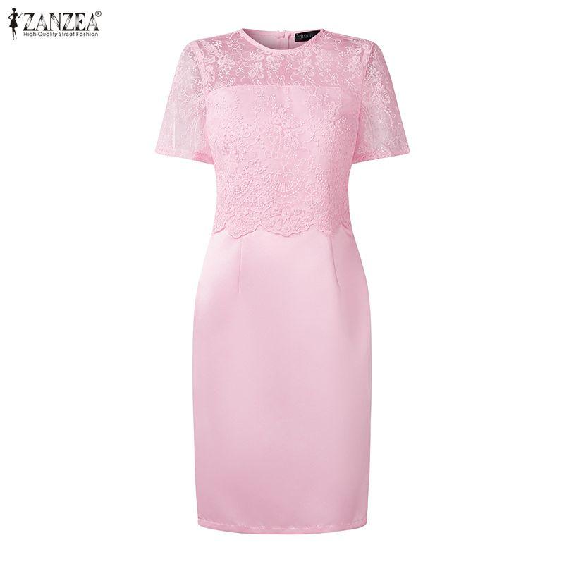ZANZEA Women Lace Patchwork Round Neck Casual Short Sleeve Sheath Dress