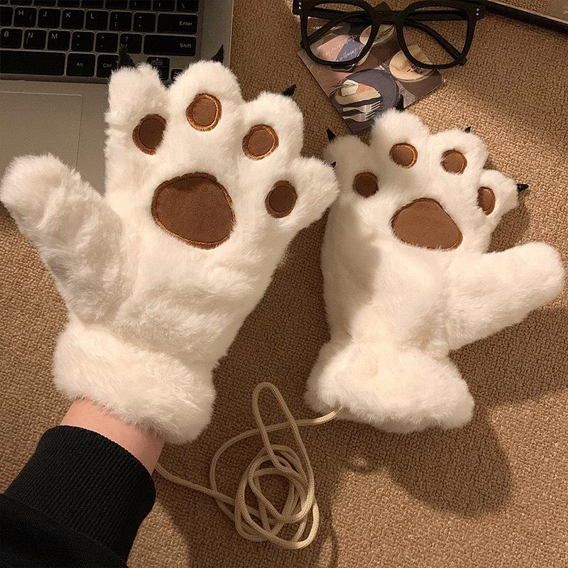 Cute Cartoon Bear & Cat Paw Plush Winter Gloves for Women and Students - Fleece Lined, Neck Hanging, Cold-Proof, Trendy for Cycling