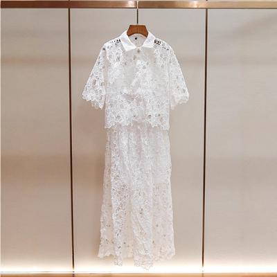 Summer New French Small Fragrant Design Lapel Shirt + A-shaped Long Skirt Lace Suit for Women
