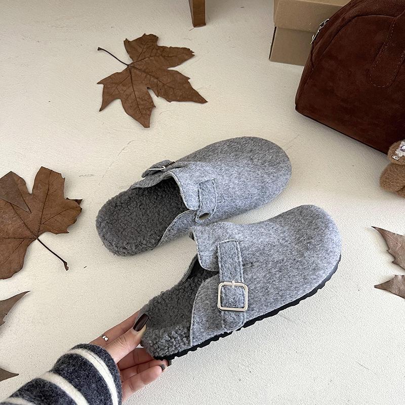 

Fashion Crestar Women s Winter Mule Slippers Fashion Fur Lined Suede Clogs Cotton Shoes With Adjustable Buckle Lady Casual Flat Slippers 36 серый