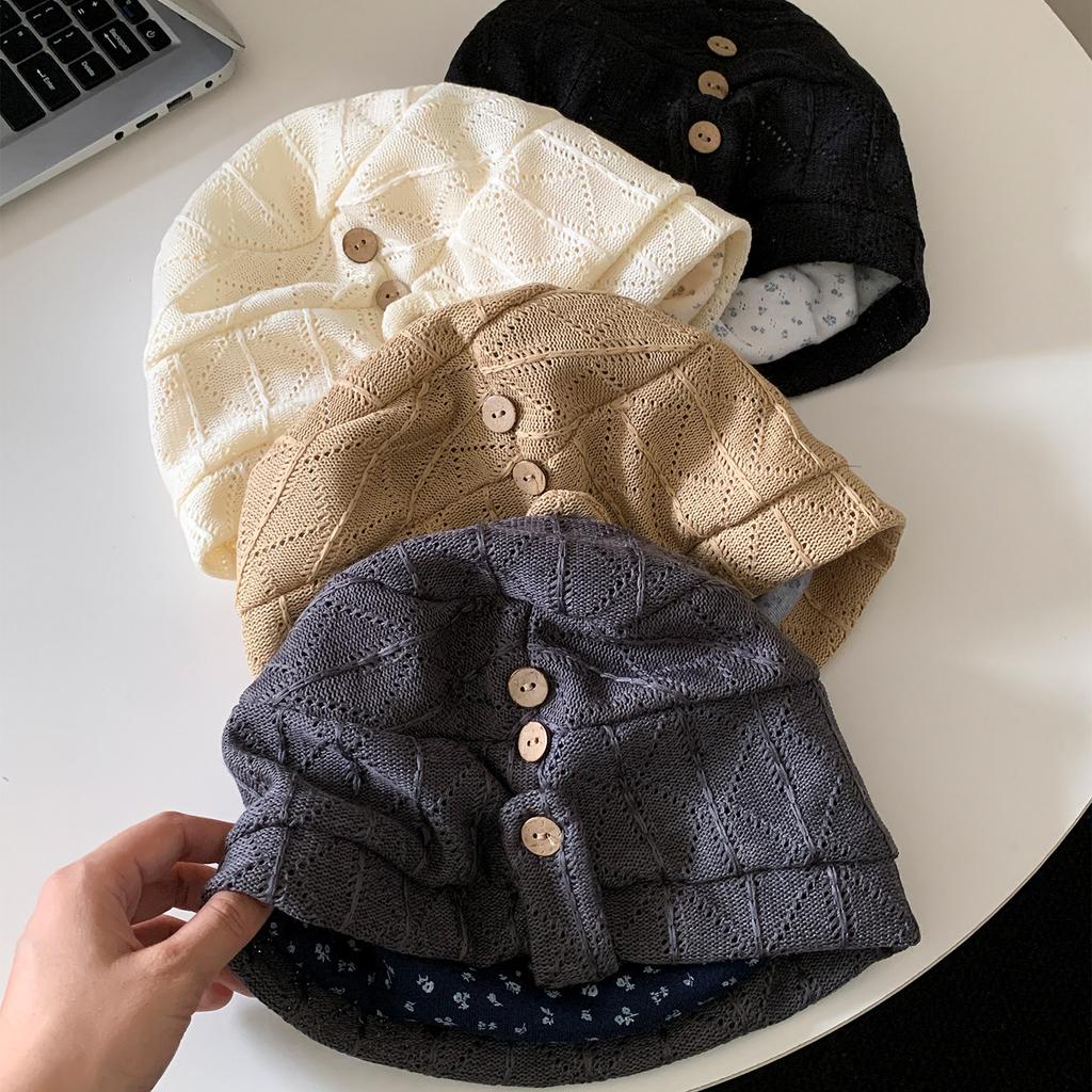 Blogger Double-sided floral button-up headgear Female face small folds large head circumference pullover knitted hat