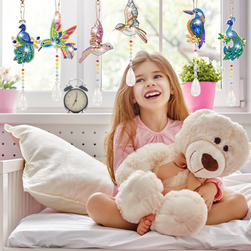 6 Pcs Diamond Painting Wind Chime Rhinestone Hummingbird Diamond Art Suncatcher Double Sided 5D DIY Diamond Painting Home Decor