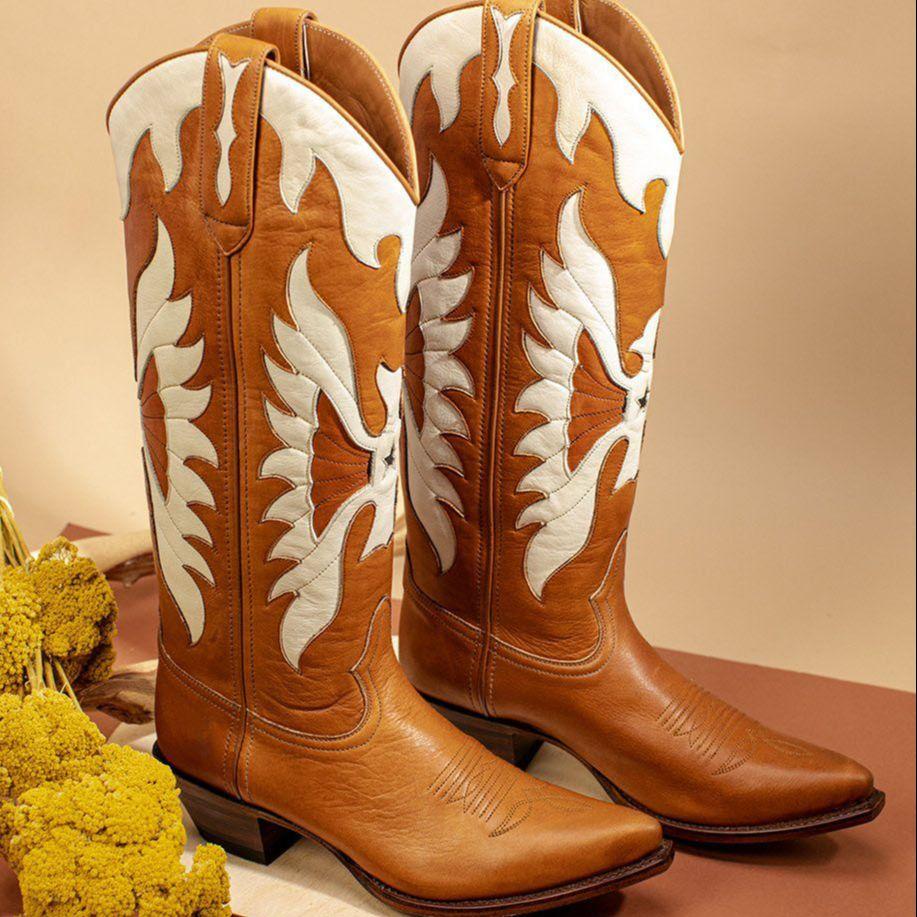 Fashion IPPEUM Western Cowboy Boots For Women Firebird Embroidery Leather Knee High Boot Country Western Brown Cowgirl Shoes Plus Size44