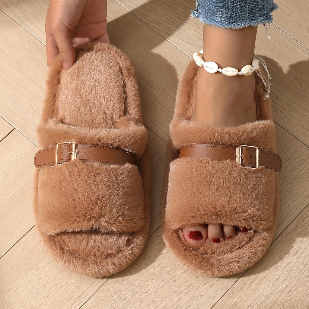Cozy Furry Slippers for Women, Refined Golden Buckle for Strap Adjustment, Thick Warm Plush Slippers