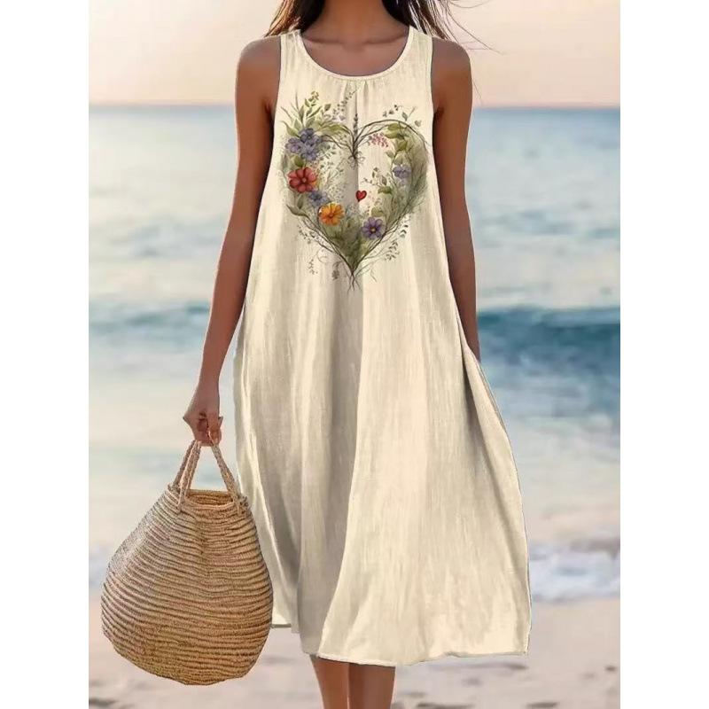New European, American, Bohemian heart-shaped floral print sleeveless dress women s summer vacation loose S