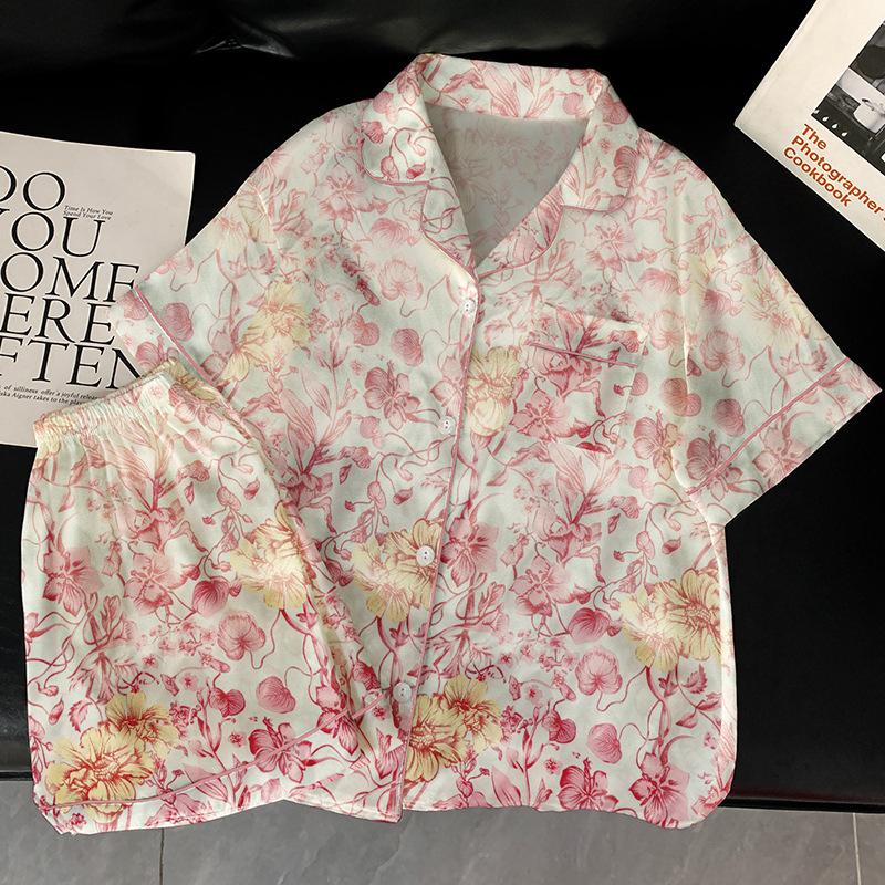 National Style Retro Flower Print Ice Silk Pajamas Women'S Summer Short-Sleeved Thin Suit Loungewear
