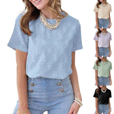 Women's Fashion Solid Color Round Neck Short Sleeved Pullover  T-shirt Top
