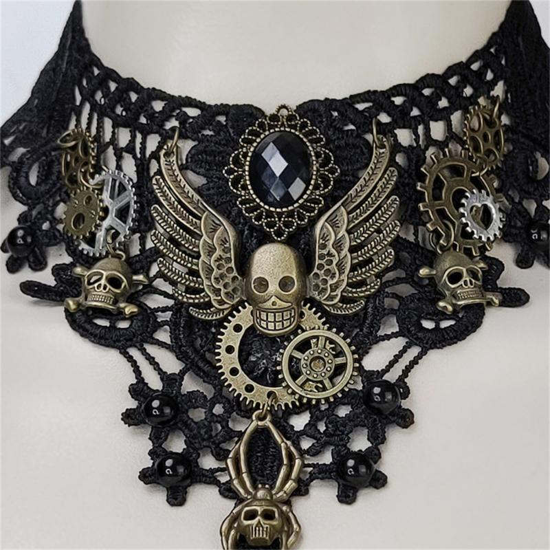 Gothic Lace Floral Choker for Women Choker Handmade Collar with Skull Gears Wing for Bachelorette Party Wedding