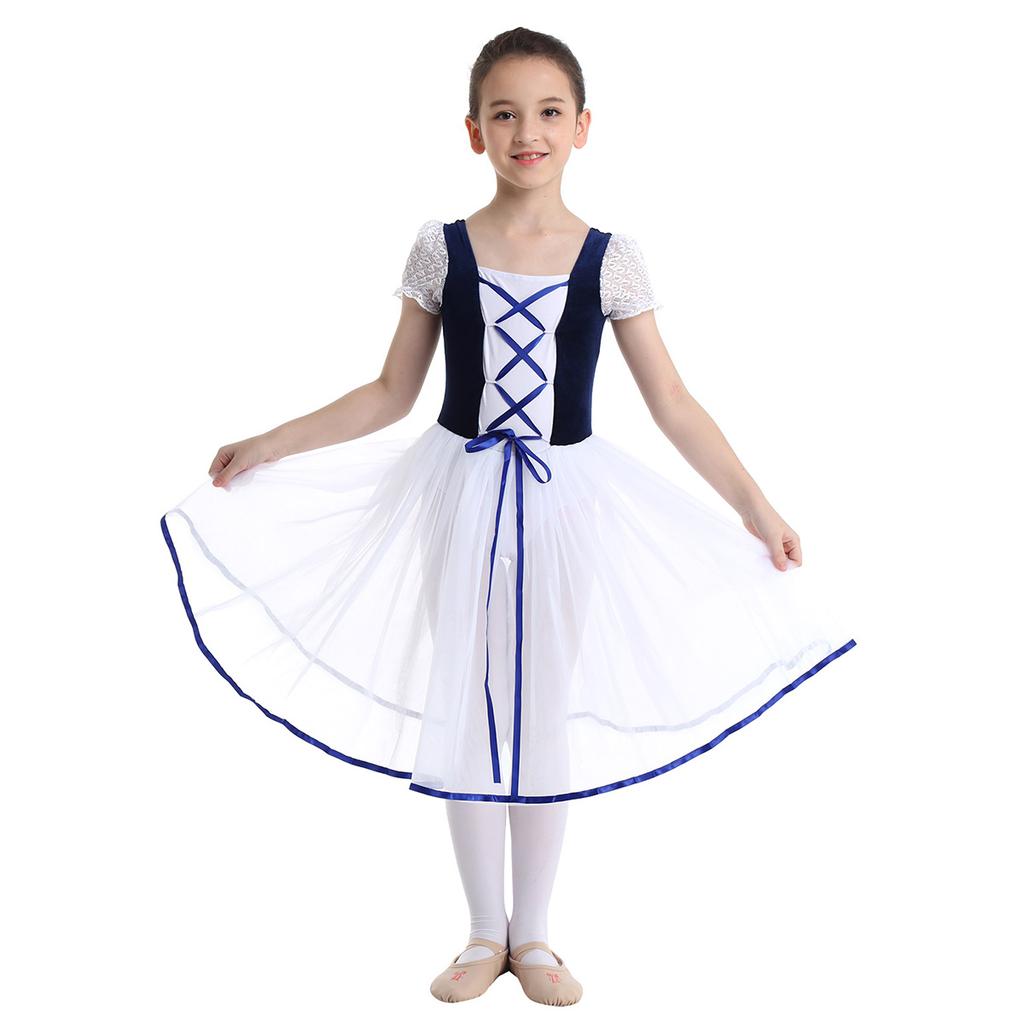 Kids Velvet Mesh Ballet Leotard Lacework Bubble Sleeve Tutu Dance Gymnastics Dress