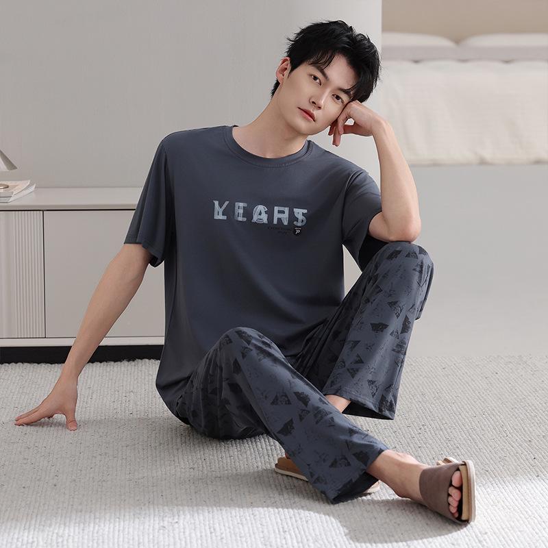 Men's Modal Cotton Pajama Set: Cooling Summer Short Sleeve Top & Long Pants, Luxurious Outdoor-Ready Comfort.