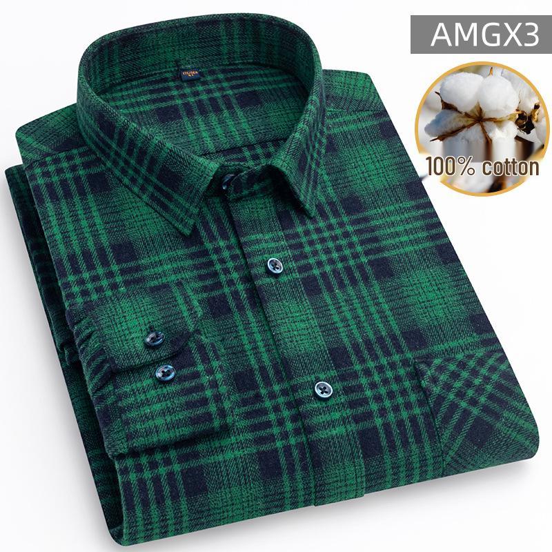 New Men's Plus Size Brushed Cotton Plaid Long Sleeve Shirt for Middle-Aged & Elderly with Straight Hem