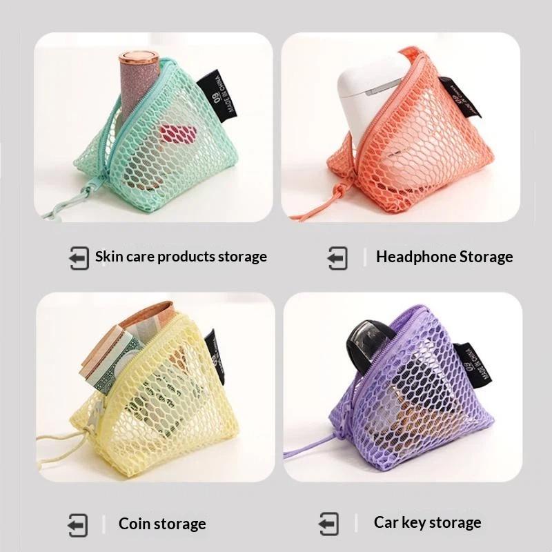 Triangular Mesh Bag Lipstick Jewelry Cosmetic Bag Portable Rope Design Mini Coin Purse Dopamine Color Candy Color Storage Bag