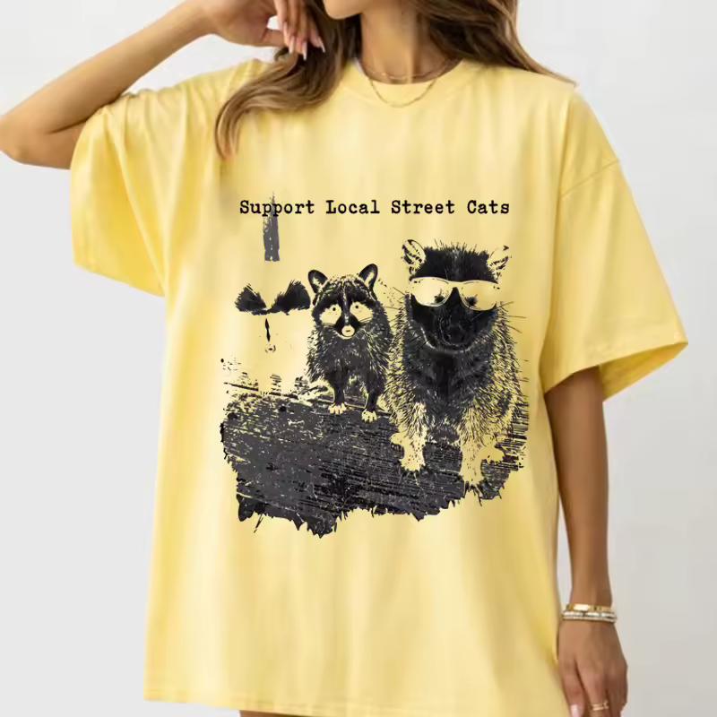 Support Local Street Cats T Shirt Funny Raccoon Skunk Possum T-Shirt Retro Animal Lover Meme Tee Casual Short Sleeve Printed