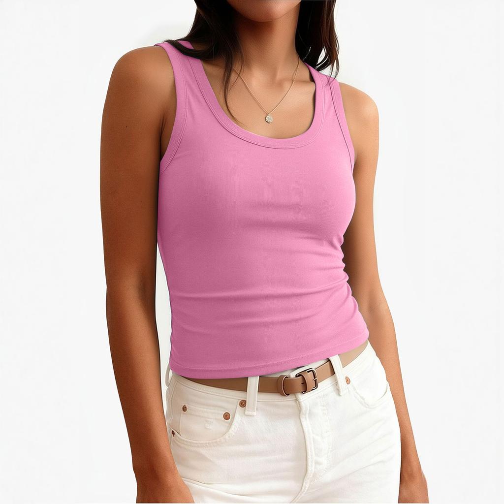 Women’s Sleeveless Ribbed Knit Tank Top Round Neck Fitted Basic Casual Stretchy Soft Undershirt for Summer Daily Wear