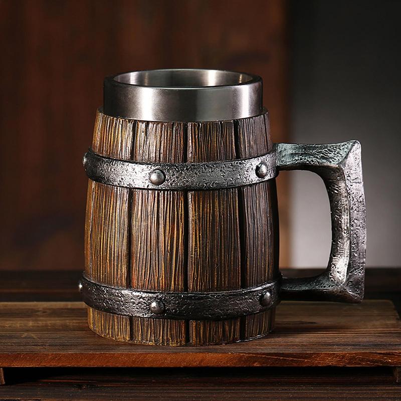 Viking Wood Style Beer Mug Simulation Wooden Barrel Beer Cup Double Wall Drinking Mug Metal Insulated Bar Drinking
