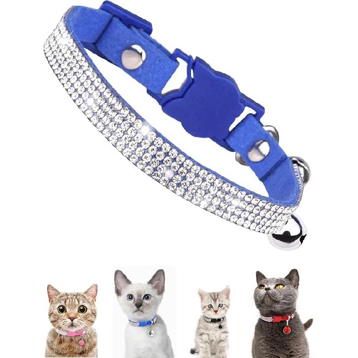 Cat Collar with Rhinestone Bling Cute Bells Leather Cat CollarsAccessories for Pet Collars Ldeal for Girl Cats Male Cats(Black)