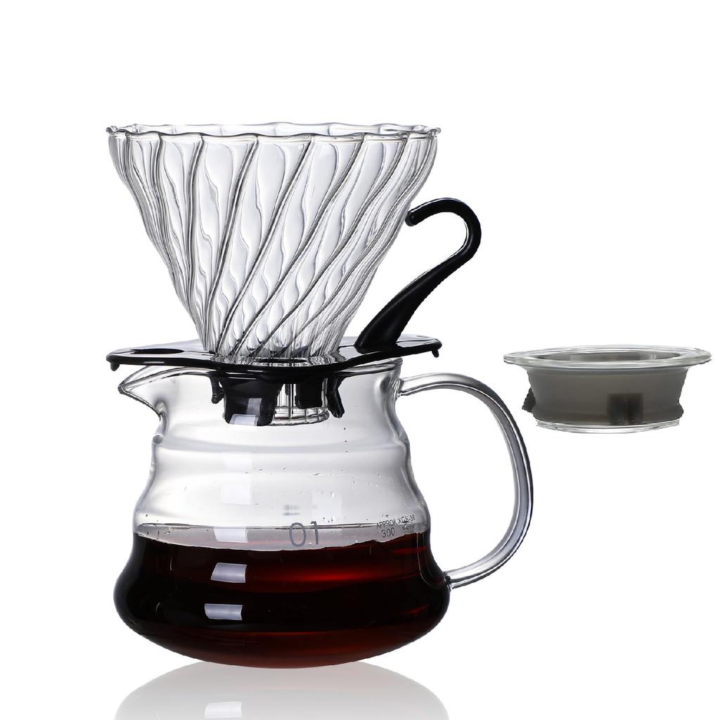 FGIUKC Coffee Server, Heat-Resistant Glass with Plastic Rack, 360ml Capacity with Graduations, for 1-2 People, Microwave Safe, with Lid and Glass