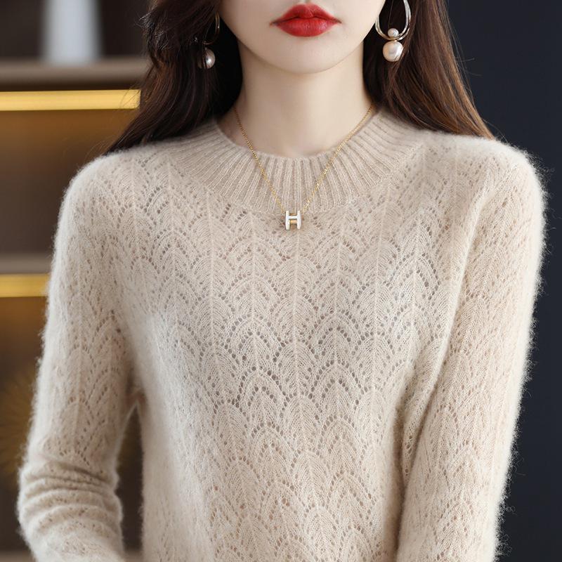 2026 Spring/Autumn Women's Solid Color Knitted Pullover: Half-High Collar, Long Sleeve, Hollow Out, Loose Fit, Stylish Base Layer Sweater