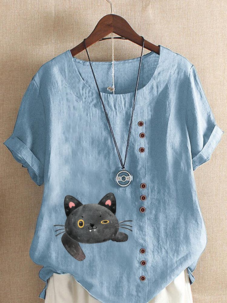 Women's Fashion Cat Printing Casual Cotton Linen Short Sleeve Round Neck T-shirt Shirt Leisure Loose Summer Blouse Tops