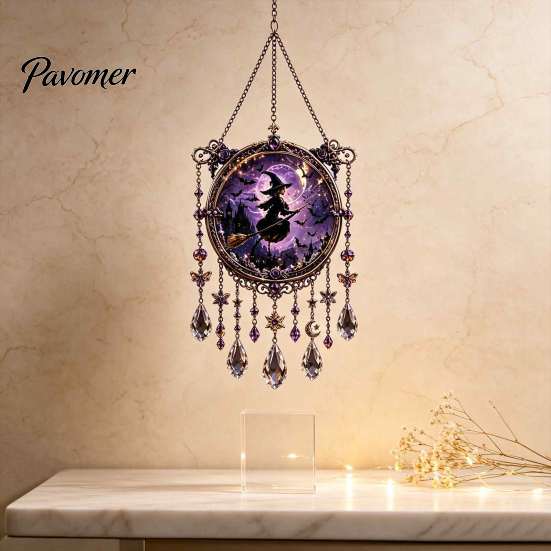 Elegant Craft Gifts Halloween Crystal Window Suncatcher, Acrylic Witch Hanging Wind Chime, Decorative Courtyard Ornaments Ornament for Indoor Outdoor