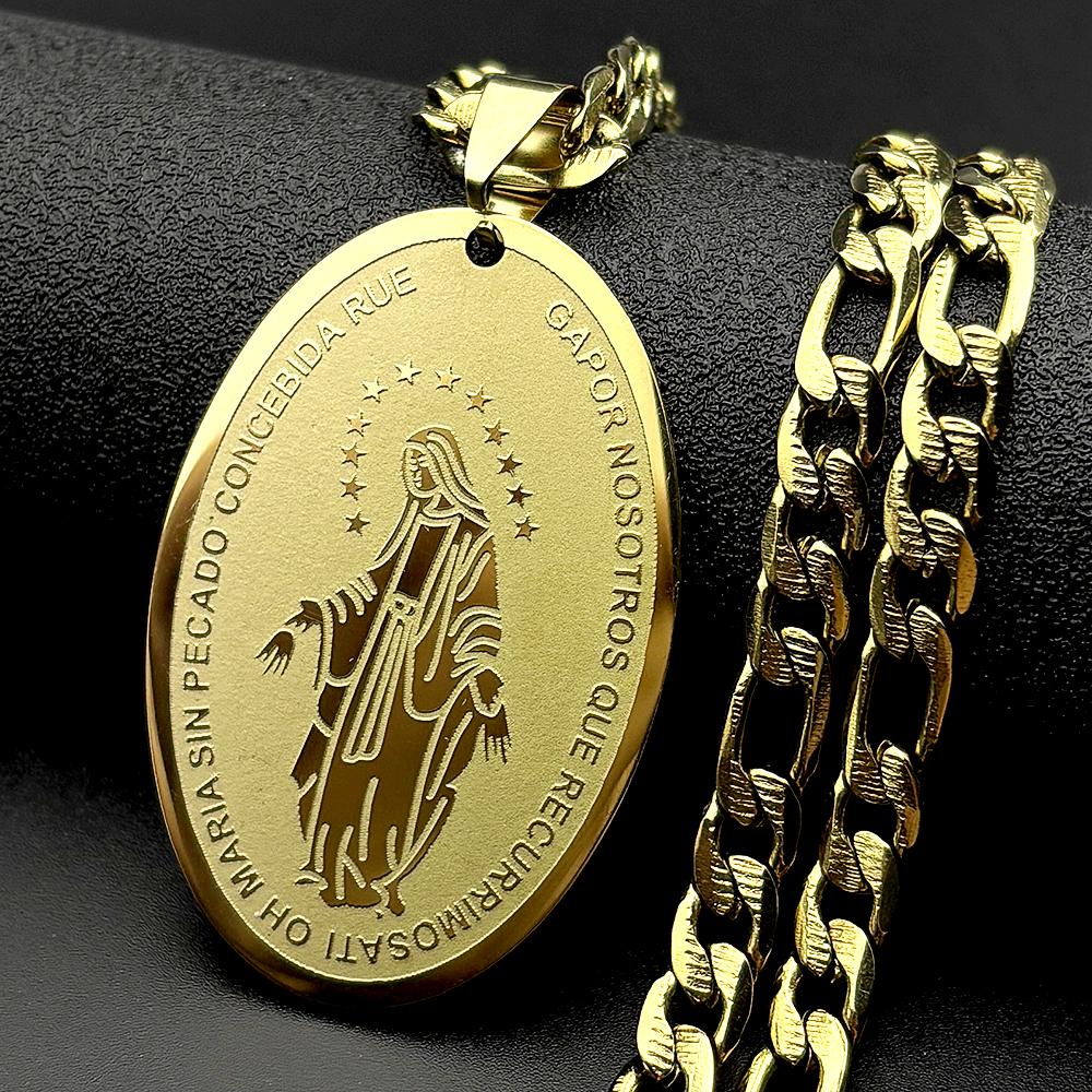 Preghiera Cattolica Spagnola Nostra Signora di Guadalupe Collana Ovale per Donne Uomini Acciaio Inossidabile Colore Oro Catena Madonna Gioielli