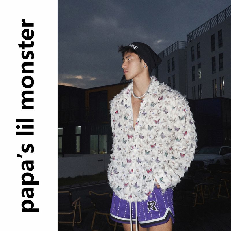 

Butterfly Print Original Design Three-Dimensional Long Sleeves Shirt Apricot color S