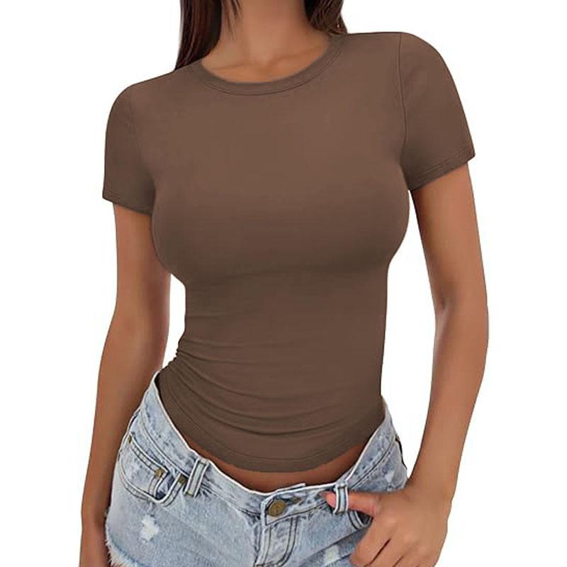 New Women's Slim Fit T-Shirt Summer Sexy Short Sleeve Round Neck Tops Korean Fashion Basic