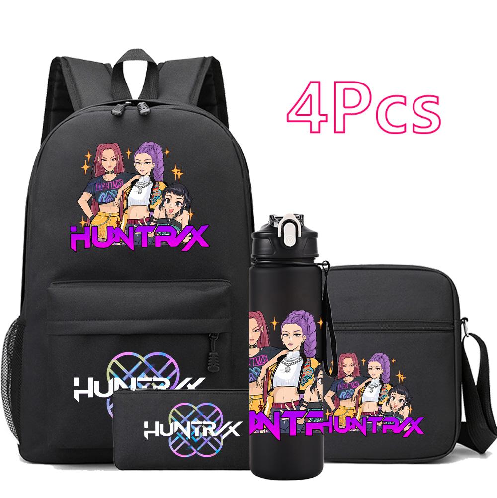 4Pcs/set Anime K-Pop Demon Hunters Printed Backpack Bookbag Shoulder Bag Case Bag with 750Ml Water Bottler for Boy Girl Large Capacity Schoolbag