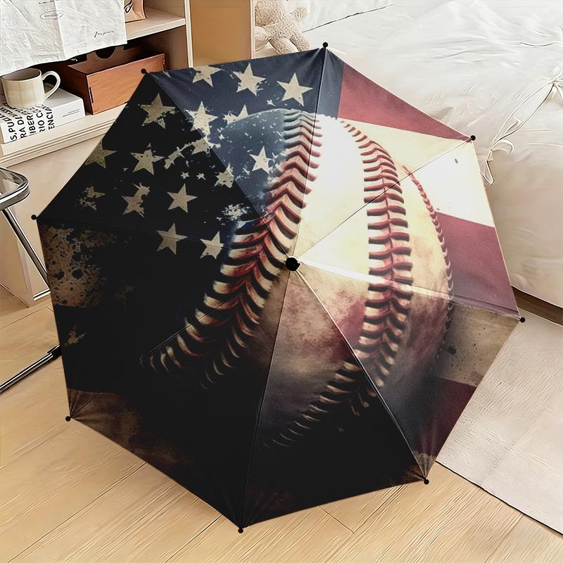 1pc American flag, baseball, and guitar Umbrella Portable Folding Umbrella Iron Frame Hole Bone Structure Outdoor Home Umbrella