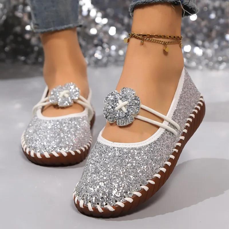 Fashion Bling Flowers Round Toe Flats Spring/autumn New Shallow Shoes Female 2025 High Quality Slip-on Sweet Flats Sapatos Planos