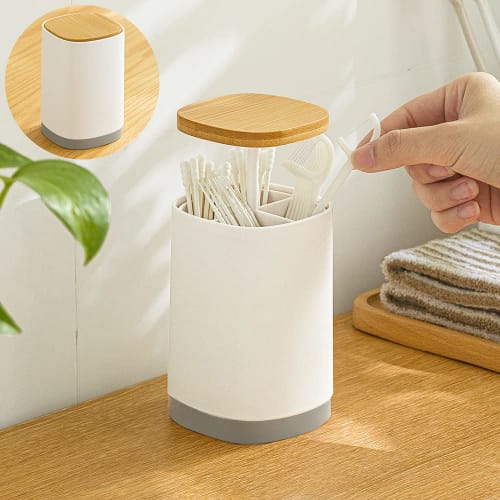 Hygienic Push-type Toothpick Holder, Cotton Swab Holder, and Small Item Storage Compartment with Lid. One-touch Operation for Concealing Toothpicks an