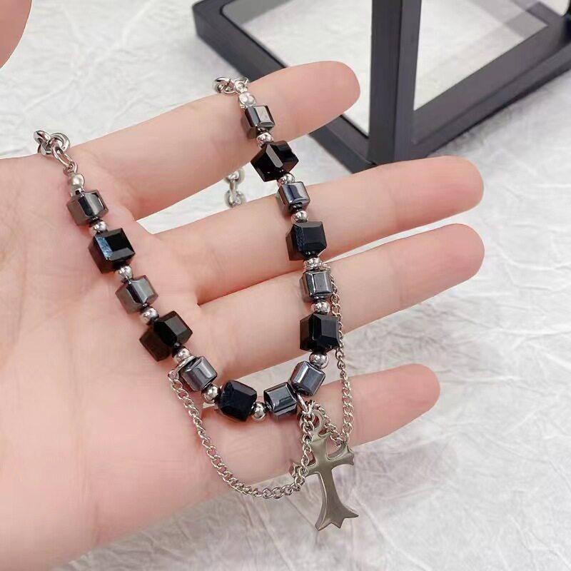 Gothic Cross Pendant Necklace Unisex Black Beaded Hip Hop Chain Trendy Retro High-grade Sense High Street Jewelry Accessories