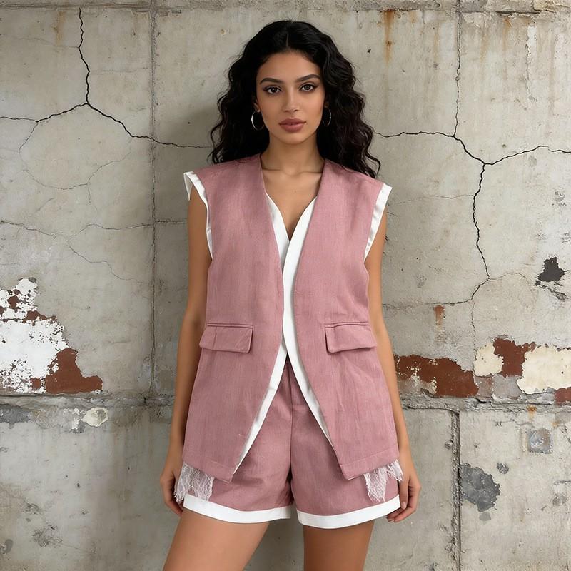 Literary Casual Style Suit Sleeveless Collar Loose Straight Vest + High-waist Lace Spliced Shorts