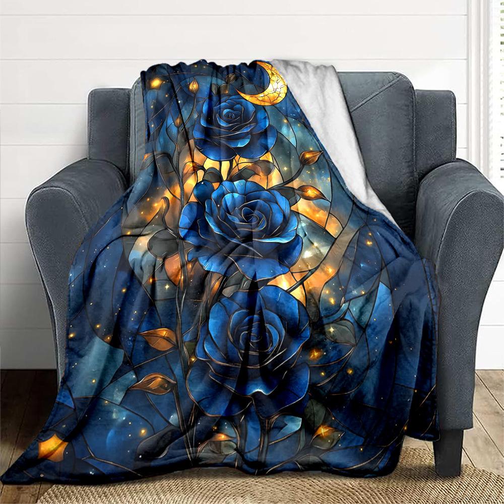 1pc Stained Glass Roses Print Blanket   Lightweight Flannel Throw Blanket For Sofa, Bed, Living Room, Office, Outdoor Travel, Camping