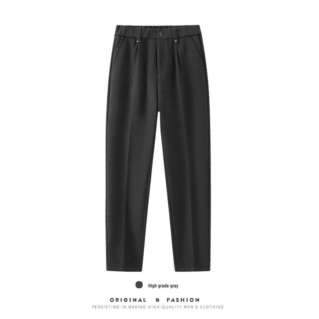 Men's Micro-Tapered Wool Suit Pants: Elastic Waist, Straight Leg, Wrinkle-Resistant, Slimming, Warm, Casual Trousers for Autumn & Winter.