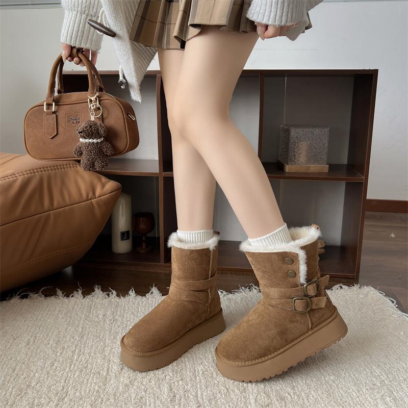 Women's Fashion Belt Buckle Lightweight Height Enhancement Soft Sole Winter Warm Fur One Snow Boots Padded Lined Non-slip Casual Sports Cotton Boots