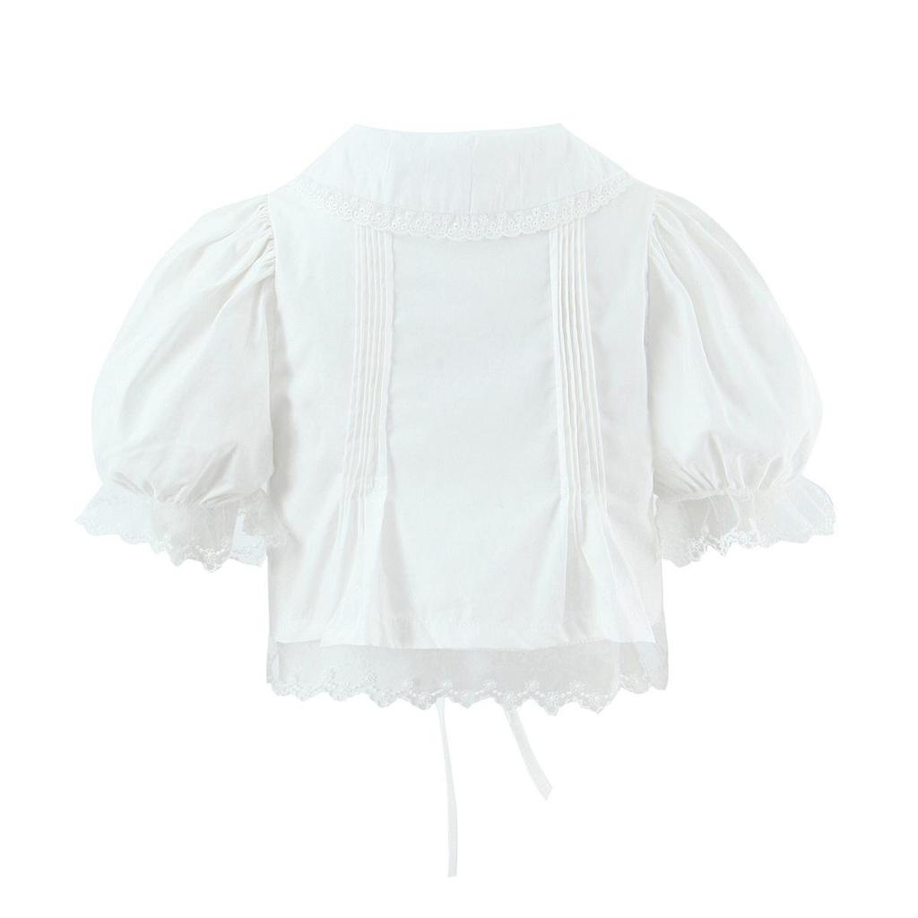 2025 Autumn Women's White Mesh Shirt with Doll Collar & Lace Puff Sleeves