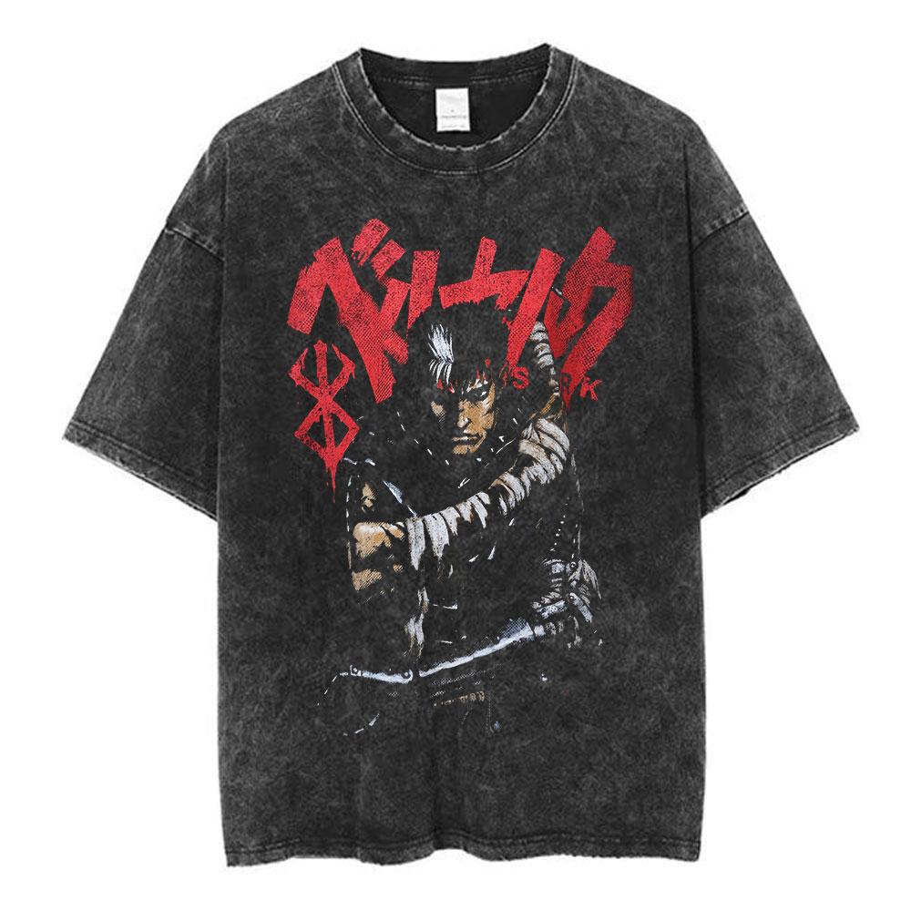 Japanese Anime Berserk Guts Vintage Washed T Shirt Griffith Swordsman Gatsu Sacrifice Zodd T-shirts Unisex Cotton Casual T-Shirt
