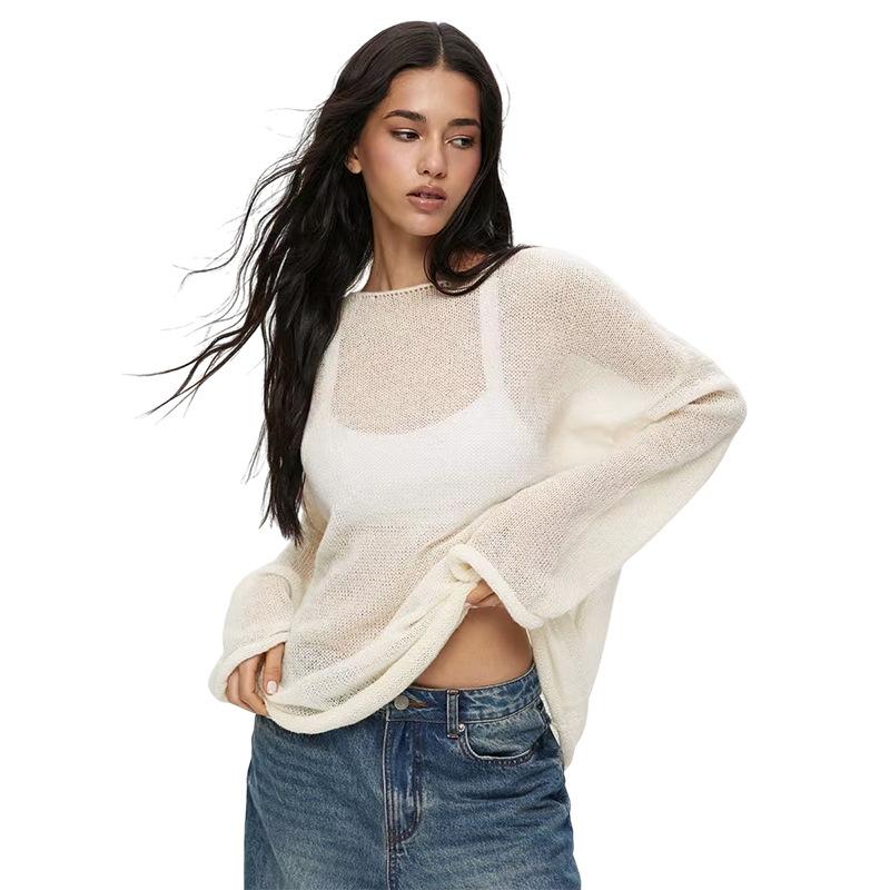 Autumn Hollow Out Knit Top Women's Loose Mesh Woven Sexy Round Neck Sheer Thin Sweater Women