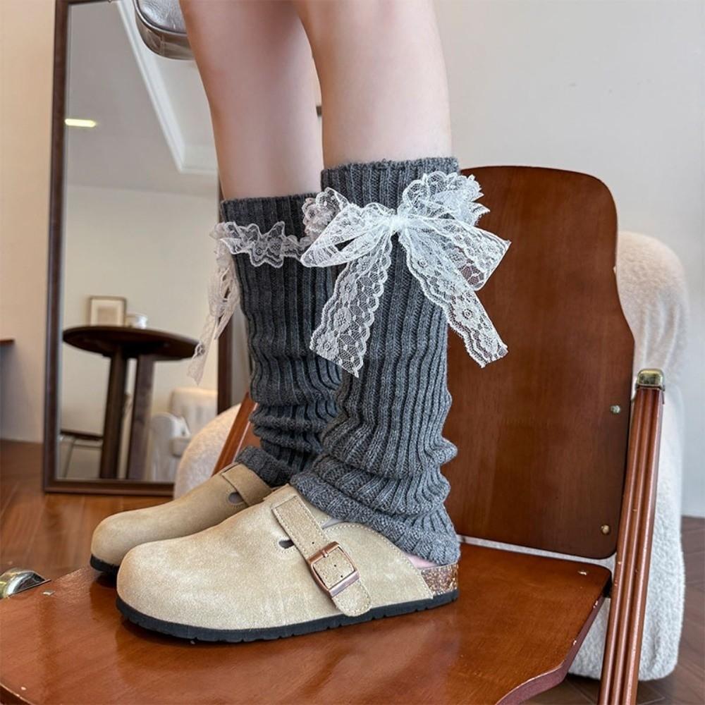 Lace Trim Knit Leg Warmers Knit Design Bow Leg Warmers Lolita Style Lace Trim Socks  Fall Season