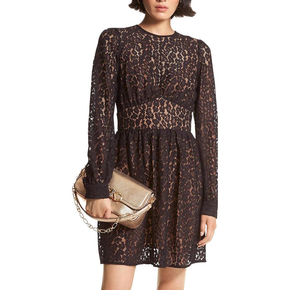 Michael Kors Solid Animal Print Waist-Defining Long Sleeve Dress Women dresses Black MF281983TQ-001