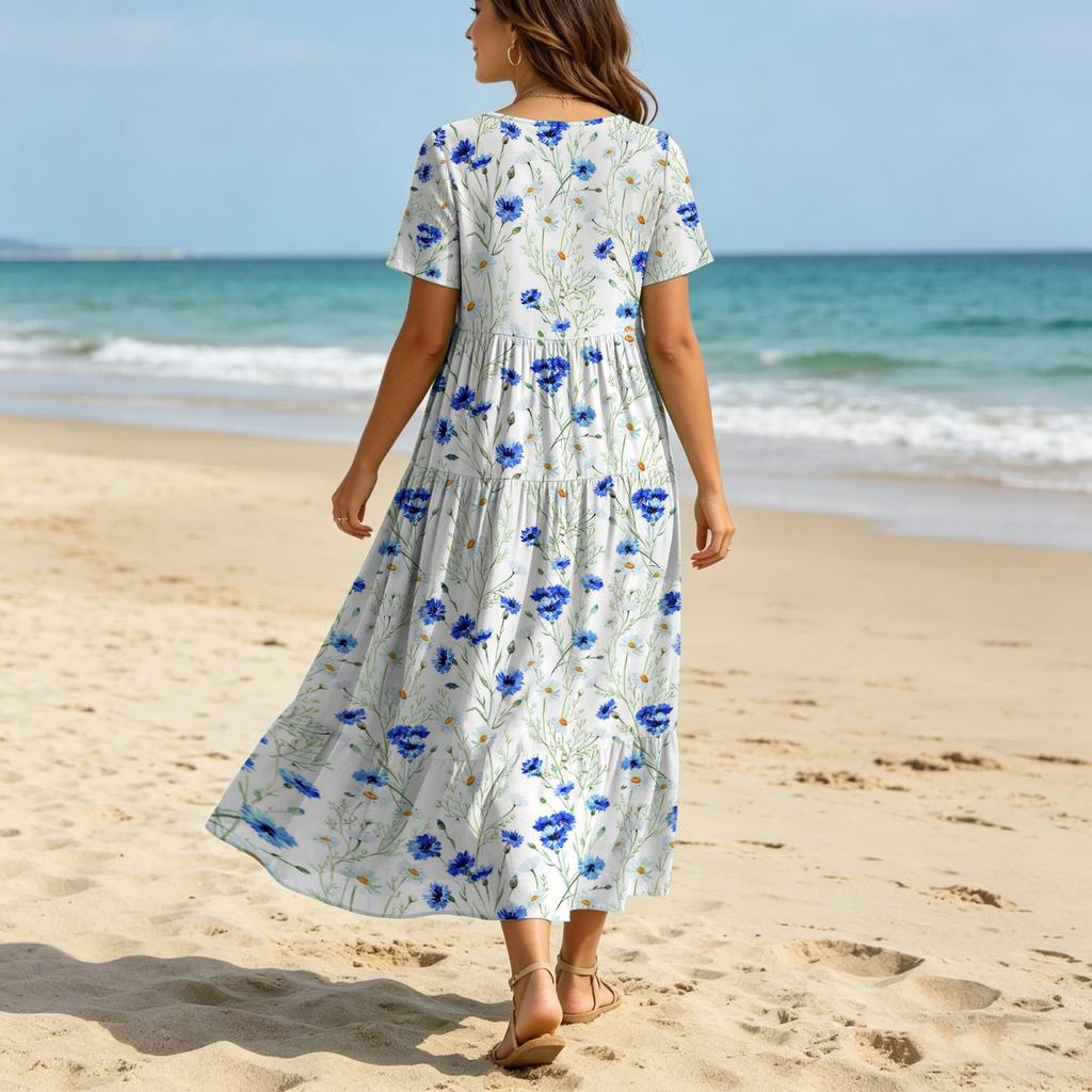 Frauen Casual Lose Bohemian Blumenkleid Kurzarm Lange Maxi Sommer Strand Swing Kleid
