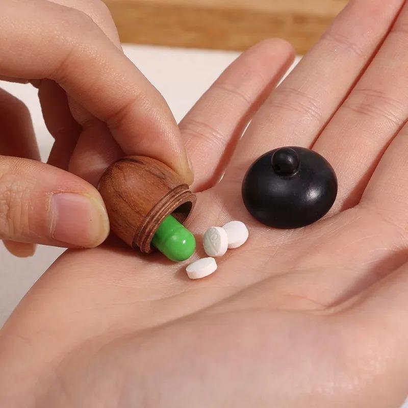 Mini Solid Wood Medicine Pill Box Portable Sandalwood Pill Tablets Case Storage Sealed Can Pinecone Nut Shaped Keychain Pendants