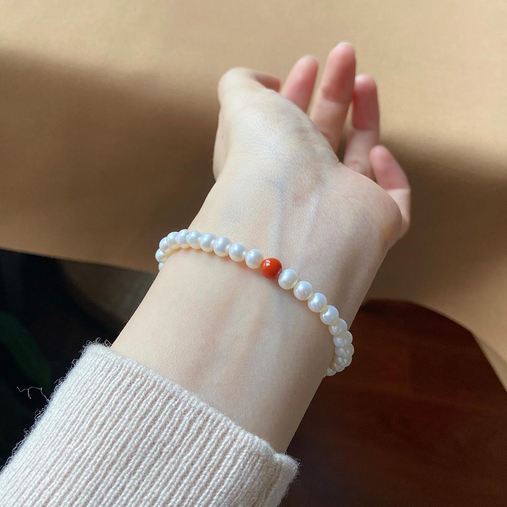 Recommended Natural Freshwater Pearl Bracelet for Women, Single Strand, New Spring/Summer Style Southern Red Agate with Beads Factory Supply