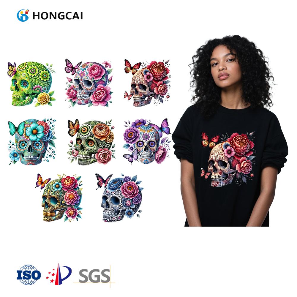 Vibrant Colors New Style Heat Transfer Print Sticker Floral Skull Series Iron-On Garment Patterns PET Waterproof Wear-Resistant