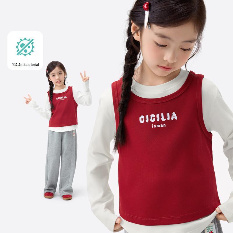 Girls  New Year Red Fake Two-Piece Long-Sleeve Top 140