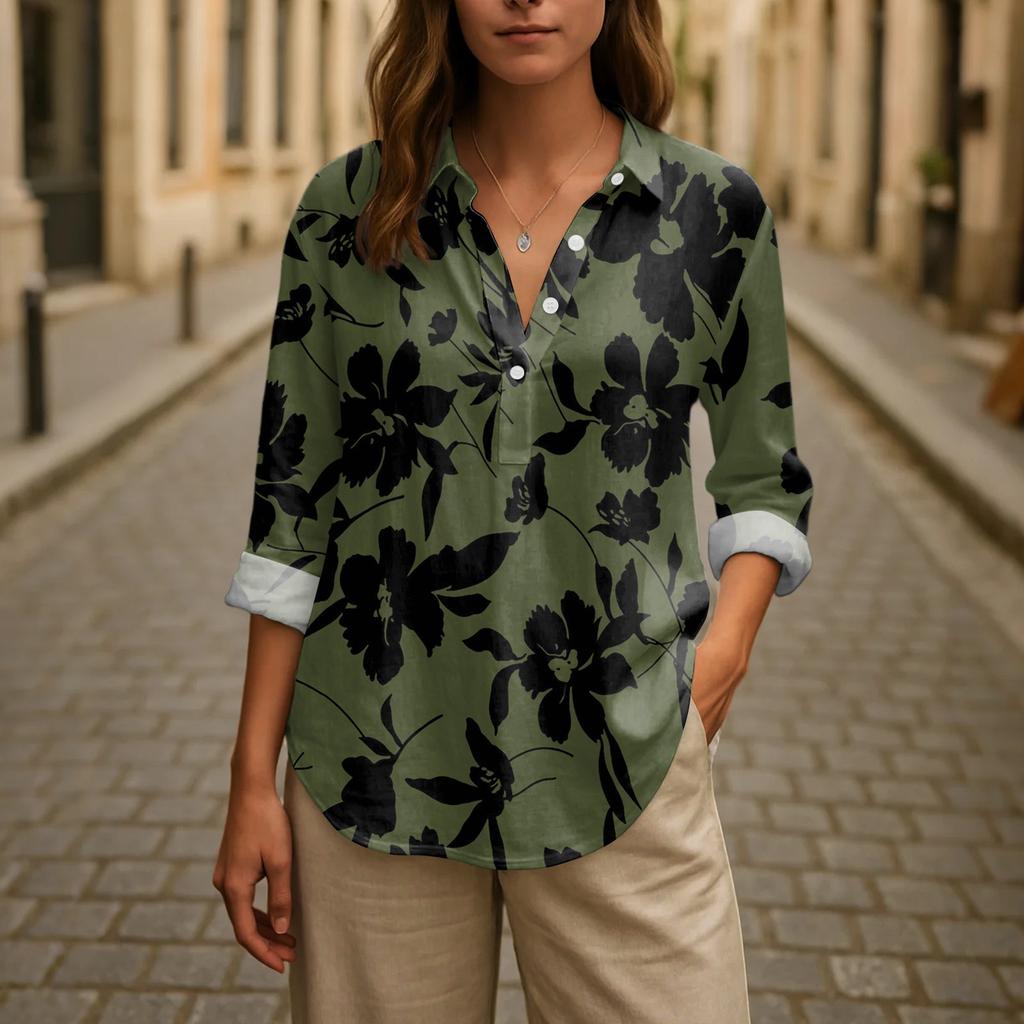 Dámská ležérní jarní a letní volná tištěná ležérní košile s dlouhým rukávem a límečkem