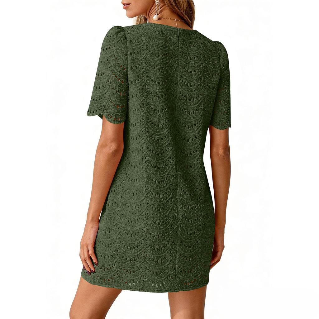 Women Lace Short Sleeve Mini Dress Crew Neck Scalloped Hem Hollow Out Pattern Style Casual Wear